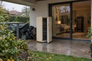 Une vieille cave à vin jaunie des années 90 attend au rebut sous l'auvent d'une terrasse, la neuve visible dans le salon