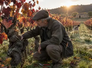 Un homme touche un cep noueux dans un vignoble de vieilles vignes en automne, feuilles rouges, soleil bas