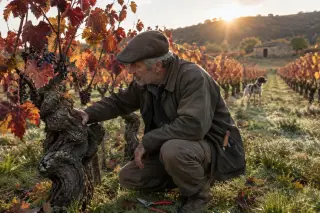Un homme touche un cep noueux dans un vignoble de vieilles vignes en automne, feuilles rouges, soleil bas