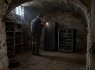 Dans une cave voûtée en pierre, un homme âgé compare à la lampe torche deux caves à vin électriques