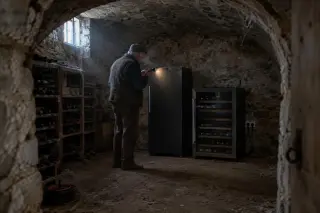 Dans une cave voûtée en pierre, un homme âgé compare à la lampe torche deux caves à vin électriques