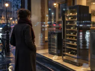 Depuis le trottoir la nuit, une femme regarde une cave à vin éclairée dans la vitrine d'un magasin, reflets de la rue