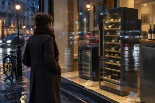 Depuis le trottoir la nuit, une femme regarde une cave à vin éclairée dans la vitrine d'un magasin, reflets de la rue
