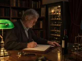 Un homme écrit dans un registre devant une vitrine à vin verrouillée, lampe de banquier verte, bibliothèque
