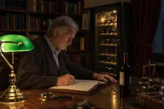 Un homme écrit dans un registre devant une vitrine à vin verrouillée, lampe de banquier verte, bibliothèque