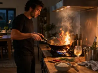 Un homme fait sauter un wok fumant avec des piments, un verre de vin blanc posé à côté sur le plan de travail
