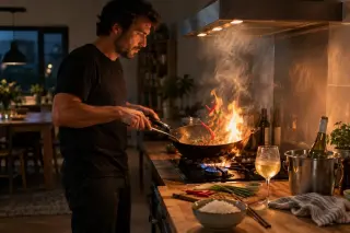 Un homme fait sauter un wok fumant avec des piments, un verre de vin blanc posé à côté sur le plan de travail