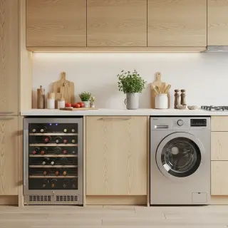 Cuisine moderne avec une cave à vin réfrigérée placée à côté d'un évier inox et d'un lave-vaisselle, ambiance propre et lumineuse, bouteilles apparentes derrière la vitre de la cave à vin.