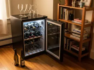 A compact wine fridge filled with bottles in a cozy apartment living room, warm natural light, wine glasses and unopened bottles nearby