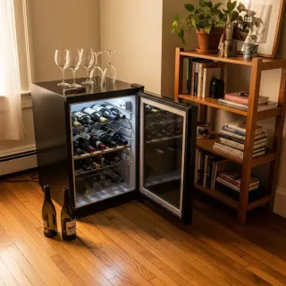 A compact wine fridge filled with bottles in a cozy apartment living room, warm natural light, wine glasses and unopened bottles nearby