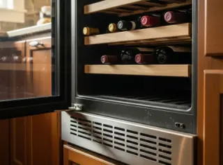 Storage cellar with a wine fridge, wooden shelves, wine bottles, wine accessories, thermometer, and hygrometer, all under soft natural daylight.