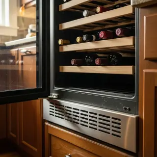 Storage cellar with a wine fridge, wooden shelves, wine bottles, wine accessories, thermometer, and hygrometer, all under soft natural daylight.