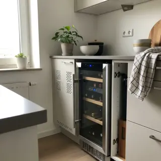 Freestanding wine fridge partly enclosed under a kitchen counter in a modern kitchen, with wine bottles visible inside.