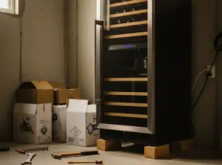 Wine fridge in a cluttered garage with wine boxes and tools, natural daylight through window, informal amateur style.