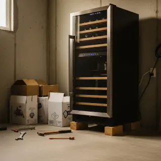 Wine fridge in a cluttered garage with wine boxes and tools, natural daylight through window, informal amateur style.