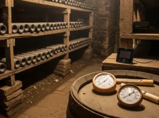 Rustic stone wine cellar with shelves of aging bottles, a barrel holding a thermometer, hygrometer, and digital sensor, all in dim, natural light.