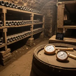 Rustic stone wine cellar with shelves of aging bottles, a barrel holding a thermometer, hygrometer, and digital sensor, all in dim, natural light.