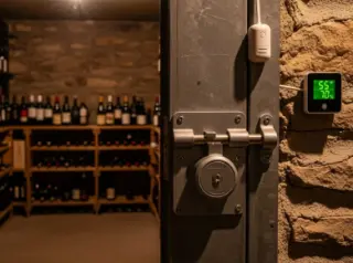 Home wine cellar with shelves of wine bottles, a reinforced steel door with a lock, and a small alarm sensor on the frame, under warm, dim basement lighting.
