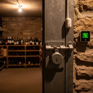 Home wine cellar with shelves of wine bottles, a reinforced steel door with a lock, and a small alarm sensor on the frame, under warm, dim basement lighting.