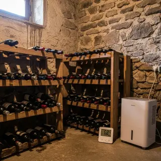 Home wine cellar with wine racks, a dehumidifier, a hygrometer and slightly damp walls