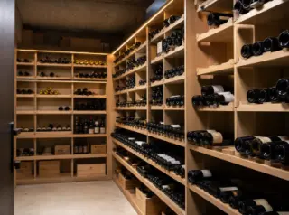 Electric wine cellar with neat plywood shelves holding various wine bottles in a modern apartment interior