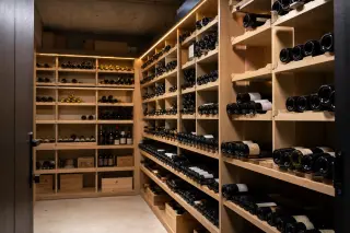 Electric wine cellar with neat plywood shelves holding various wine bottles in a modern apartment interior
