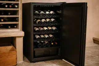 Open Climadiff Avi77 electric wine cellar filled with organized wine bottles in a modern home interior, highlighting storage, humidity basin, and anti-vibration features.