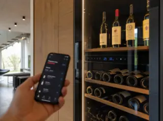 Modern electric wine cellar built into home cabinetry, digital display showing temperature, person holding smartphone with wine cellar monitoring app, premium bottles inside, modern apartment interior.