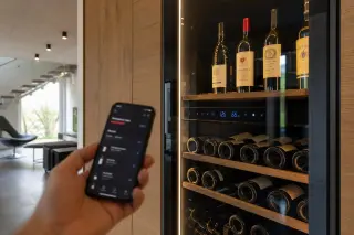 Modern electric wine cellar built into home cabinetry, digital display showing temperature, person holding smartphone with wine cellar monitoring app, premium bottles inside, modern apartment interior.