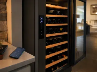Modern electric wine cellar open with wooden shelves of wine bottles, digital control panel visible, smartphone with app nearby in a stylish home setting.