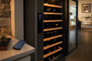 Modern electric wine cellar open with wooden shelves of wine bottles, digital control panel visible, smartphone with app nearby in a stylish home setting.