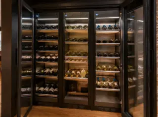 Open multi-temperature wine cellar with separate compartments for reds, whites, rosés, and champagnes, organized and softly lit in a modern living space.