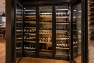 Open multi-temperature wine cellar with separate compartments for reds, whites, rosés, and champagnes, organized and softly lit in a modern living space.