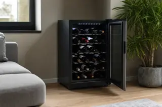 Compact modern electric wine cellar in a stylish apartment, open to show neatly organized wine bottles and an energy rating label, with soft daylight and minimalist decor.