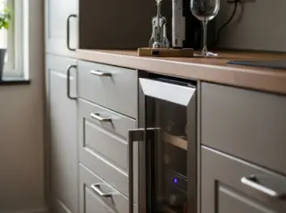 Integrated wine fridge in an Ikea kitchen under wooden countertop, wine bottles visible, wine accessories on counter, natural soft lighting.