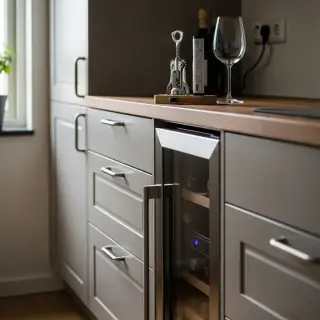 Integrated wine fridge in an Ikea kitchen under wooden countertop, wine bottles visible, wine accessories on counter, natural soft lighting.