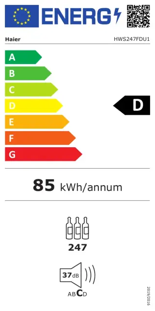 Étiquette énergétique réglementaire de la cave Haier HWS247FDU1