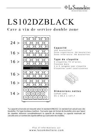 Plan de chargement des bouteilles de la cave La Sommelière LS102DZBLACK : la disposition prévue par le fabricant, clayette par clayette