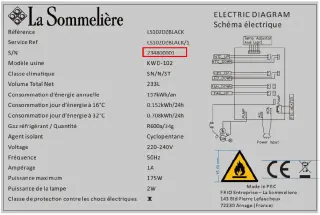 Schéma de la notice La Sommelière LS102DZBLACK : ci-dessous l’exemple d’une plaque signalétique