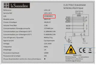 Schéma de la notice La Sommelière LS51.2ZBLACK : ci-dessous l’exemple d’une plaque signalétique