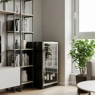 Un salon moderne avec une cave à vin électrique intégrée entre une bibliothèque et une plante verte, bouteilles visibles derrière une porte vitrée, lumière naturelle, ambiance pratique et confortable.