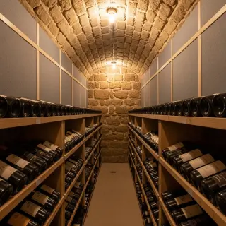 Une cave à vin bien isolée avec des bouteilles rangées sur des étagères et des panneaux d’isolation visibles sur les murs, illustrant la gestion de la température et de l’humidité.